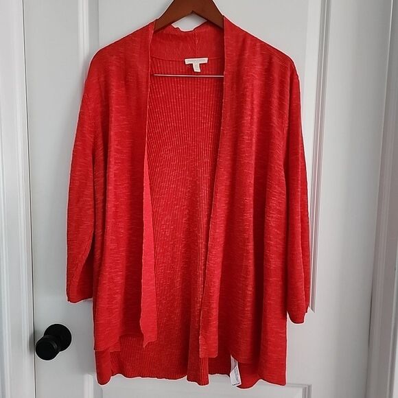 Eileen Fisher Linen Cotton Blend Open-Front Cardigan Sweater Red Size 1X Ribbed - Picture 1 of 6
